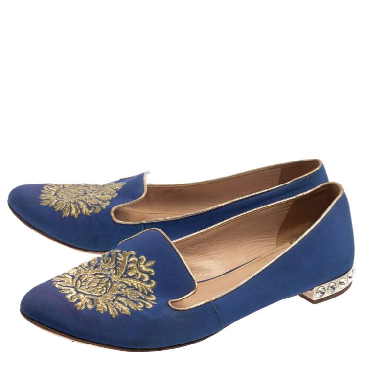 Pre Owned  Miu Miu Blue Canvas Embroidered Crystal Studded Smoking Slippers Size 39