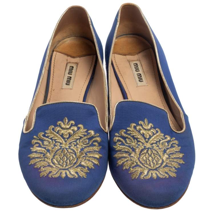 Pre Owned  Miu Miu Blue Canvas Embroidered Crystal Studded Smoking Slippers Size 39