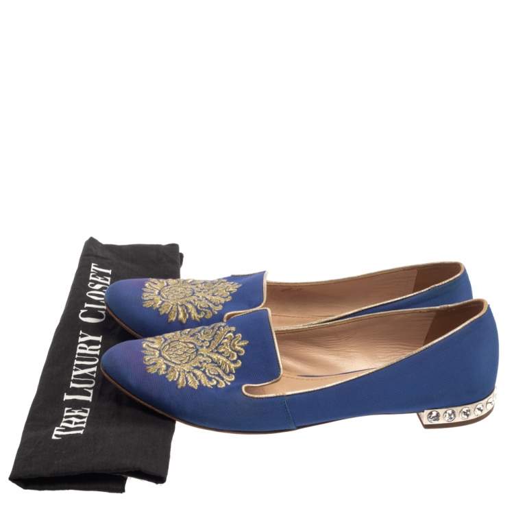 Pre Owned  Miu Miu Blue Canvas Embroidered Crystal Studded Smoking Slippers Size 39