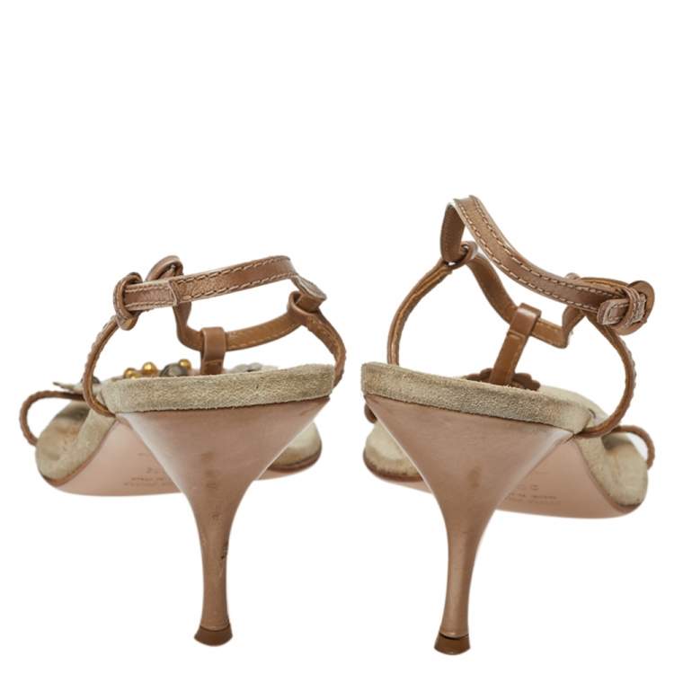 Pre Owned Miu Miu Leather And Suede T Strap Slingback Sandals Size39.5