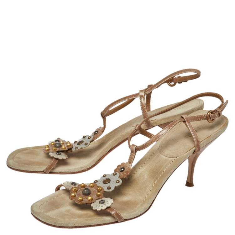 Pre Owned Miu Miu Leather And Suede T Strap Slingback Sandals Size39.5