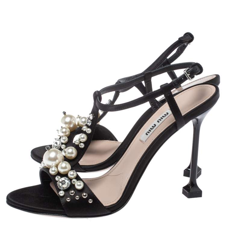 Pre Owned Miu Miu Black Satin Embellished T-strap Sandal Size 37