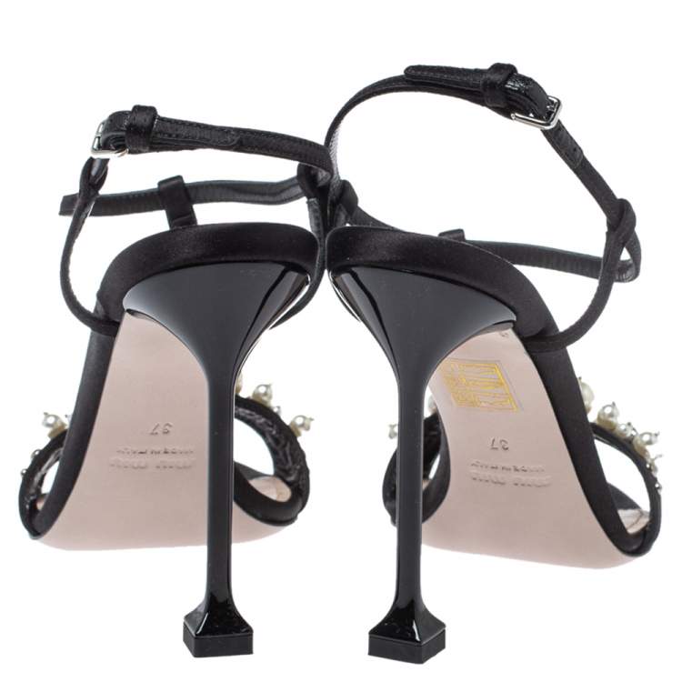 Pre Owned Miu Miu Black Satin Embellished T-strap Sandal Size 37
