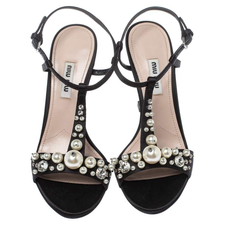 Pre Owned Miu Miu Black Satin Embellished T-strap Sandal Size 37