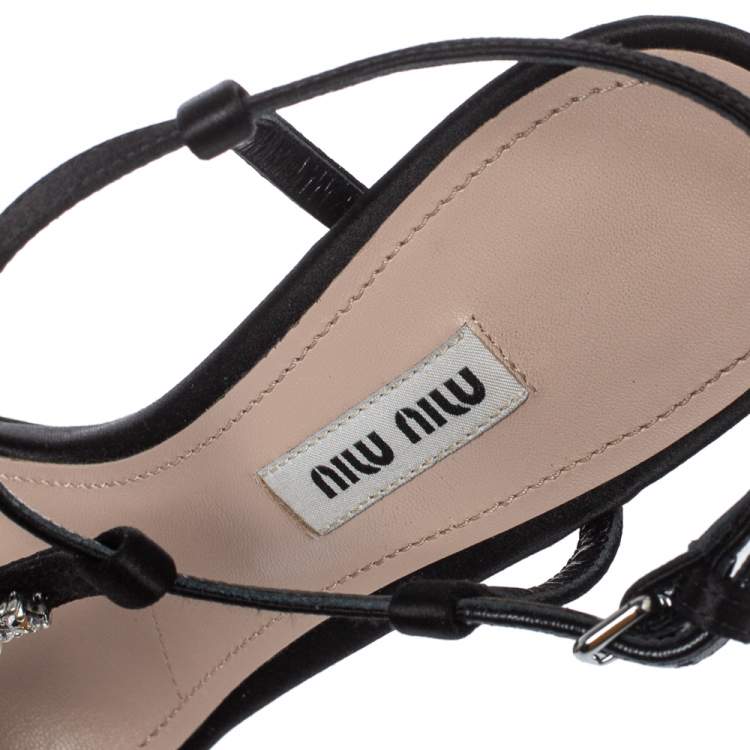 Pre Owned Miu Miu Black Satin Embellished T-strap Sandal Size 37
