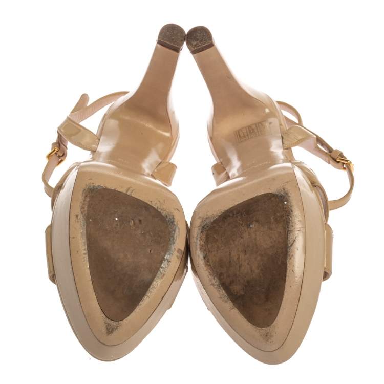 Pre Owned Miu Miu Beige Patent Leather Ankle Strap Platform Sandals Size 38