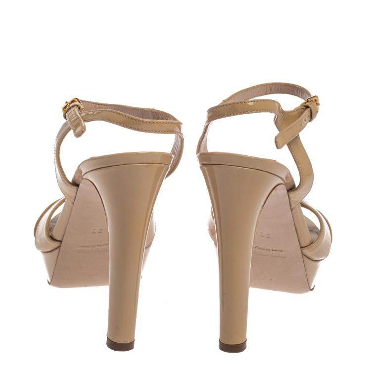 Pre Owned Miu Miu Beige Patent Leather Ankle Strap Platform Sandals Size 38
