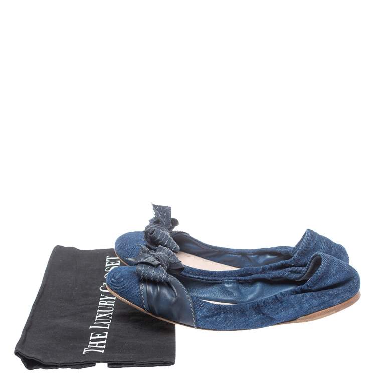Pre Owned  Miu Miu Blue Denim And Leather Bow Scrunch Ballet Flats Size 40.5