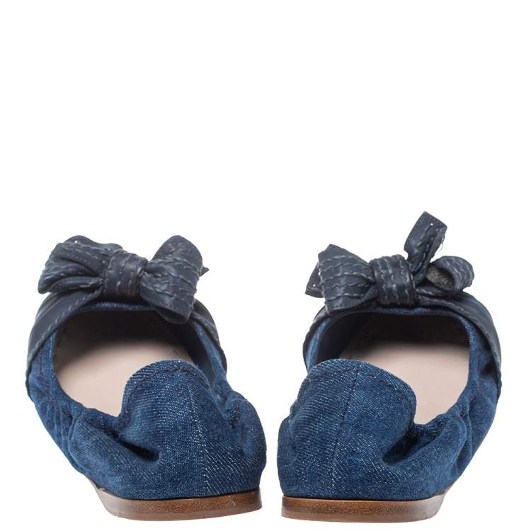 Pre Owned  Miu Miu Blue Denim And Leather Bow Scrunch Ballet Flats Size 40.5