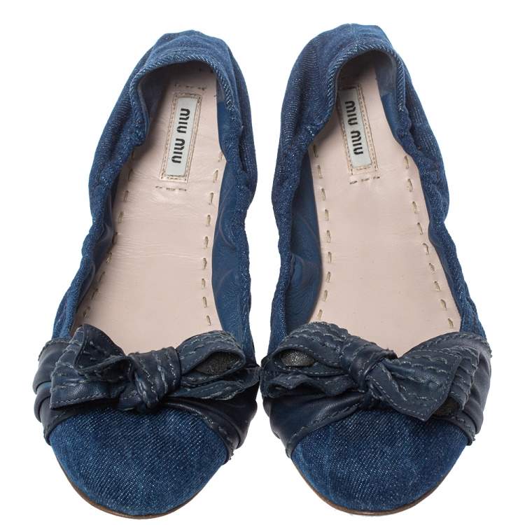 Pre Owned  Miu Miu Blue Denim And Leather Bow Scrunch Ballet Flats Size 40.5