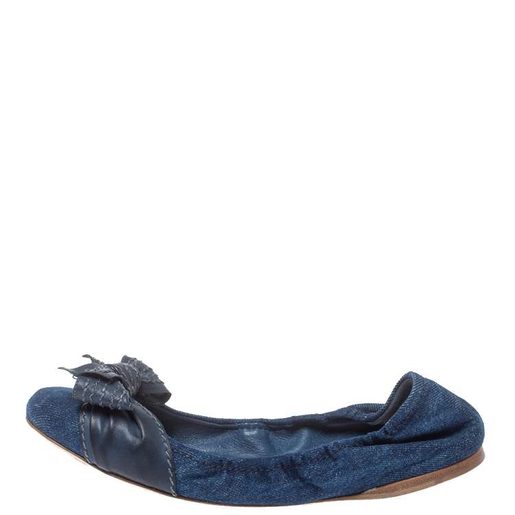 Pre Owned  Miu Miu Blue Denim And Leather Bow Scrunch Ballet Flats Size 40.5
