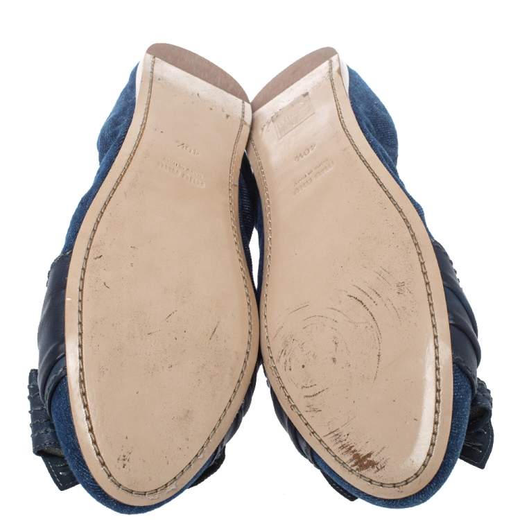 Pre Owned  Miu Miu Blue Denim And Leather Bow Scrunch Ballet Flats Size 40.5