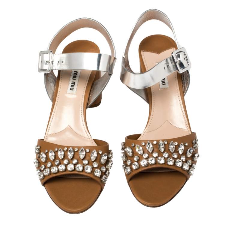 Pre Owned Miu Miu Brown/Silver Leather Crystal Embellished Block Heel Ankle Strap Sandals Size 40