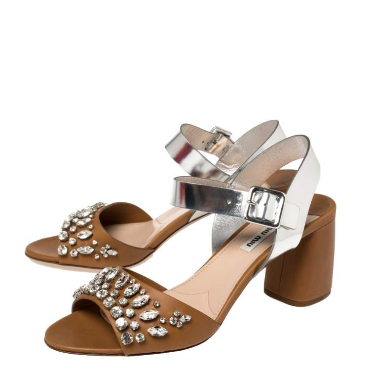 Pre Owned Miu Miu Brown/Silver Leather Crystal Embellished Block Heel Ankle Strap Sandals Size 40