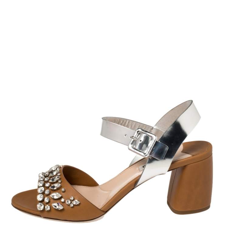 Pre Owned Miu Miu Brown/Silver Leather Crystal Embellished Block Heel Ankle Strap Sandals Size 40