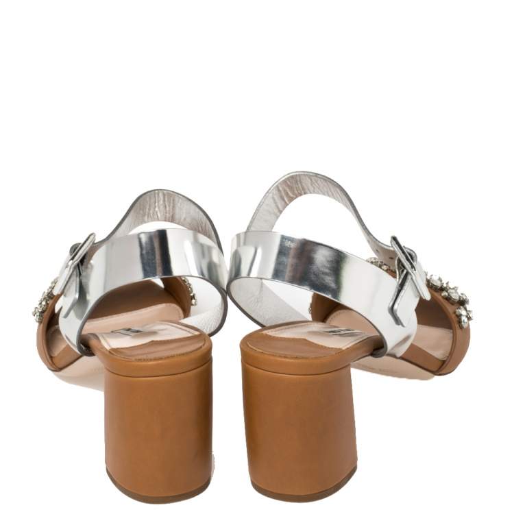 Pre Owned Miu Miu Brown/Silver Leather Crystal Embellished Block Heel Ankle Strap Sandals Size 40