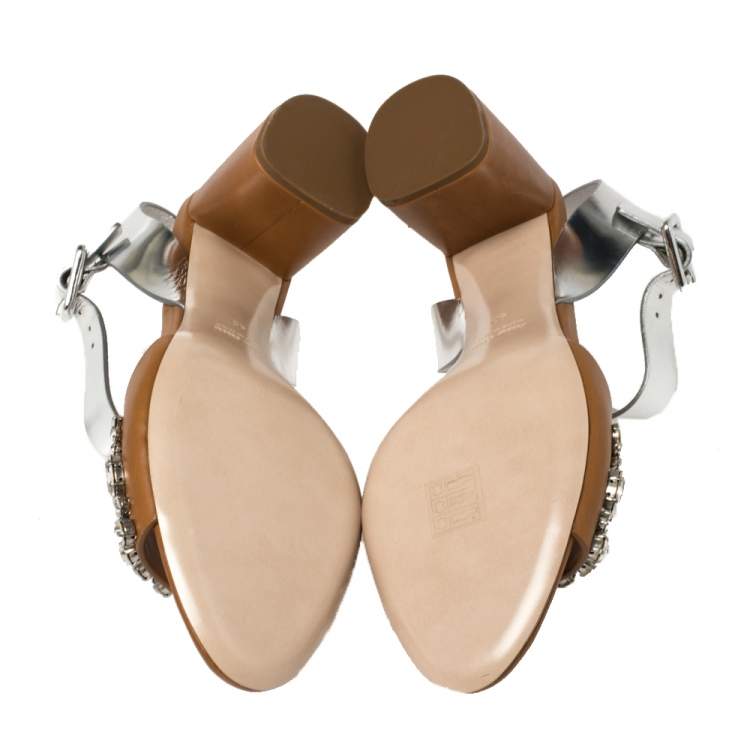 Pre Owned Miu Miu Brown/Silver Leather Crystal Embellished Block Heel Ankle Strap Sandals Size 40