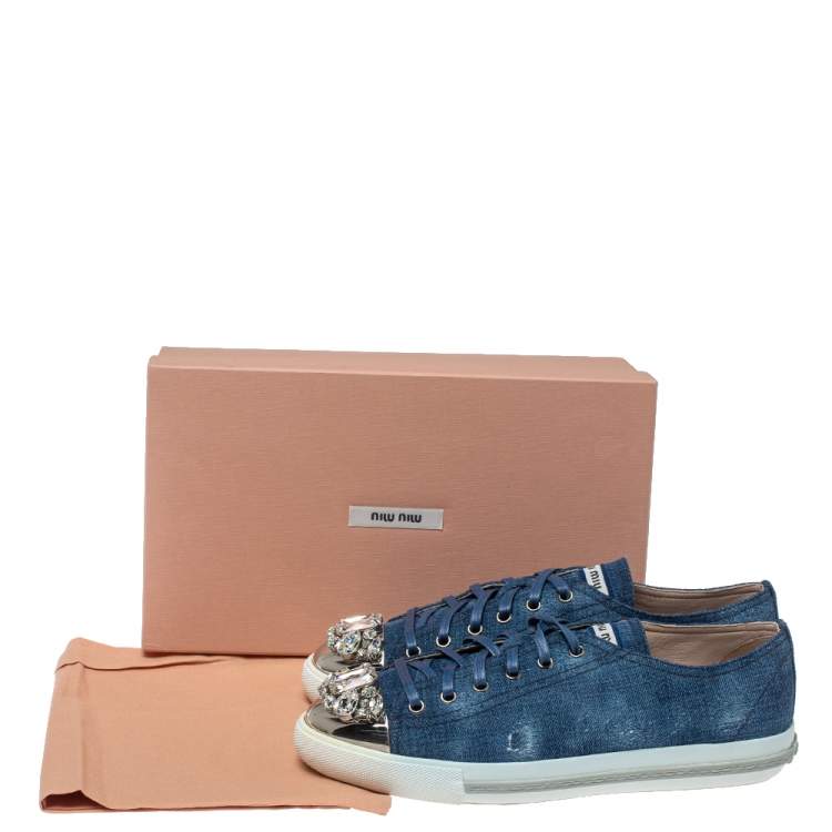 Pre Owned Miu Miu Blue Denim Fabric Embellished Cap Toe Sneakers Size 40