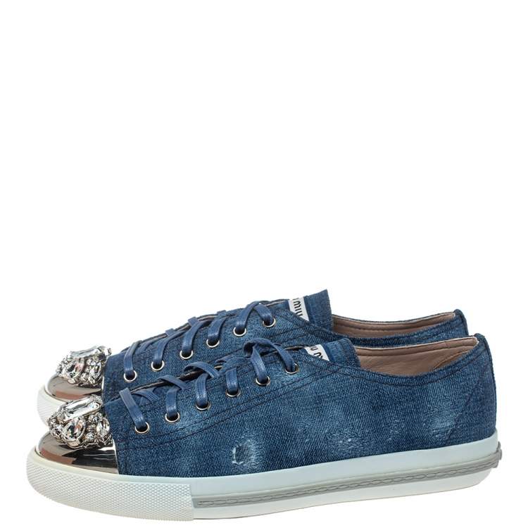 Pre Owned Miu Miu Blue Denim Fabric Embellished Cap Toe Sneakers Size 40