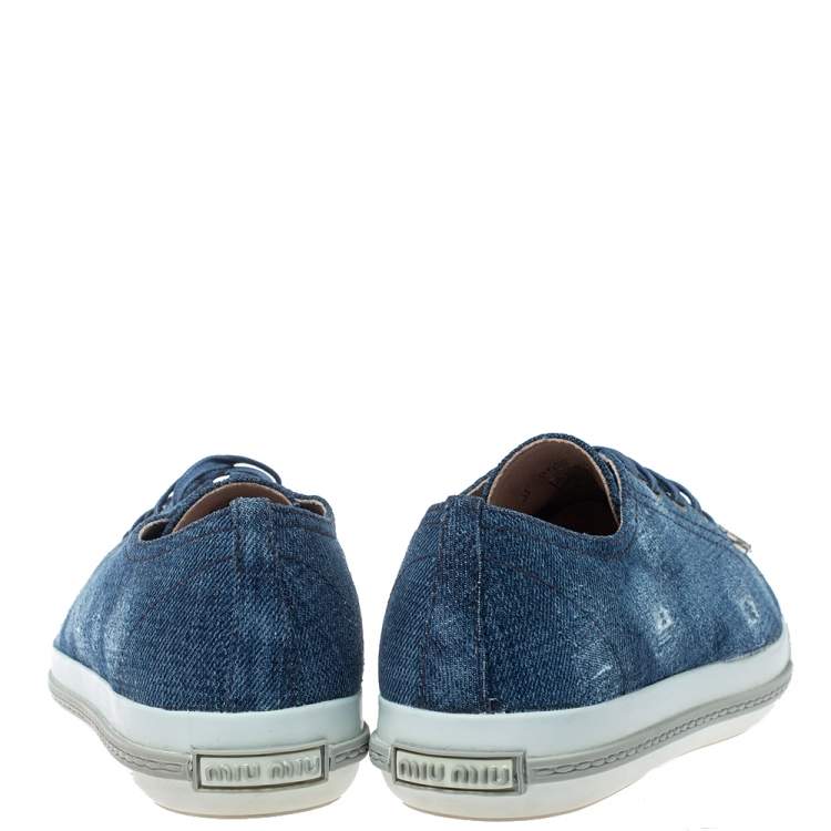 Pre Owned Miu Miu Blue Denim Fabric Embellished Cap Toe Sneakers Size 40