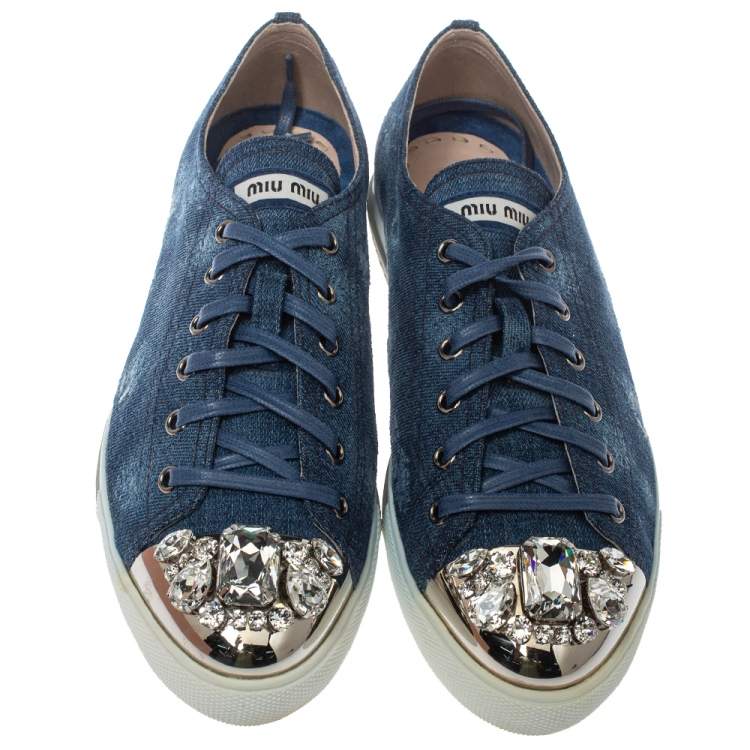 Pre Owned Miu Miu Blue Denim Fabric Embellished Cap Toe Sneakers Size 40