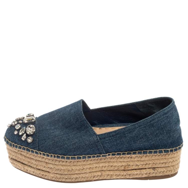 Pre Owned Miu Miu Blue Denim Crystal Embellished Platform Espadrille Size 38.5 