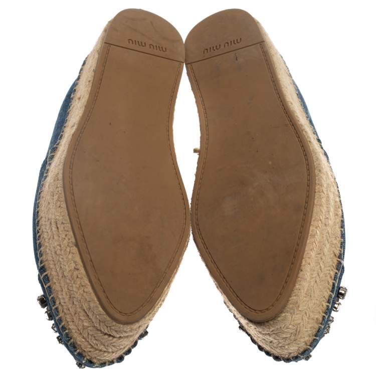 Pre Owned Miu Miu Blue Denim Crystal Embellished Platform Espadrille Size 38.5 