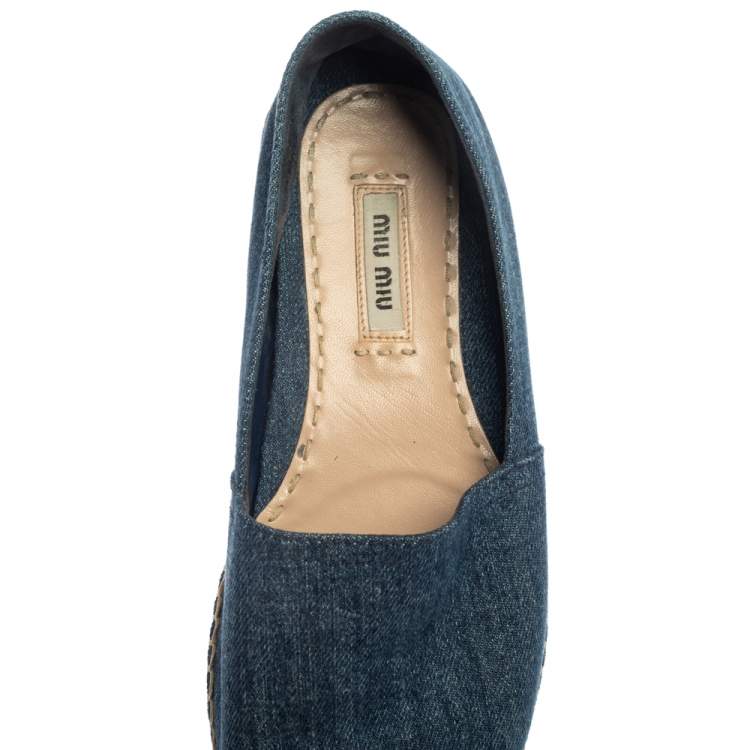 Pre Owned Miu Miu Blue Denim Crystal Embellished Platform Espadrille Size 38.5 