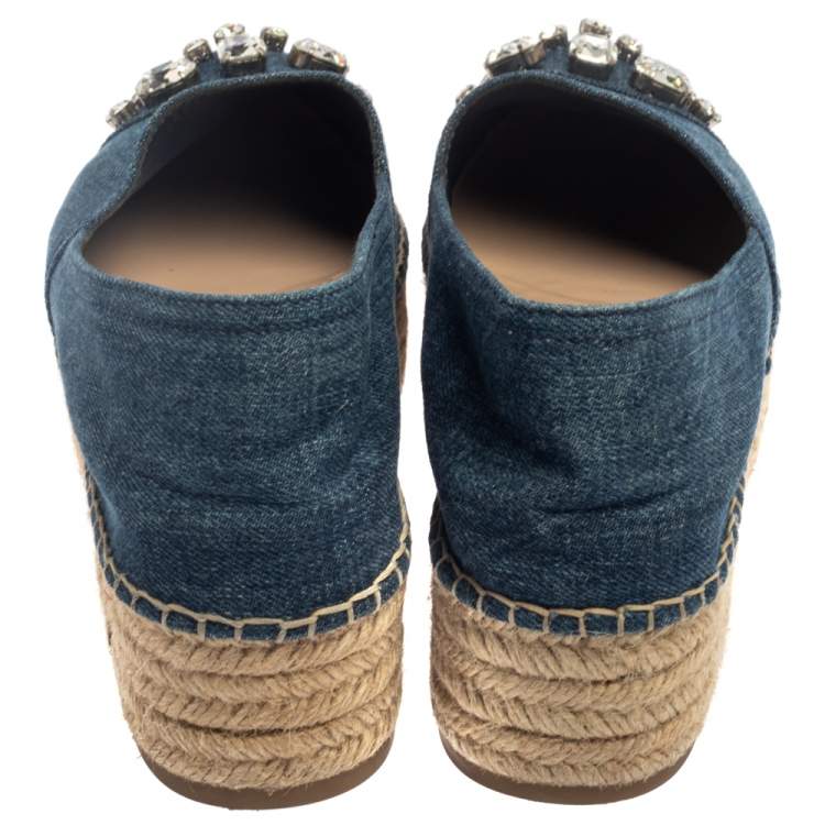 Pre Owned Miu Miu Blue Denim Crystal Embellished Platform Espadrille Size 38.5 