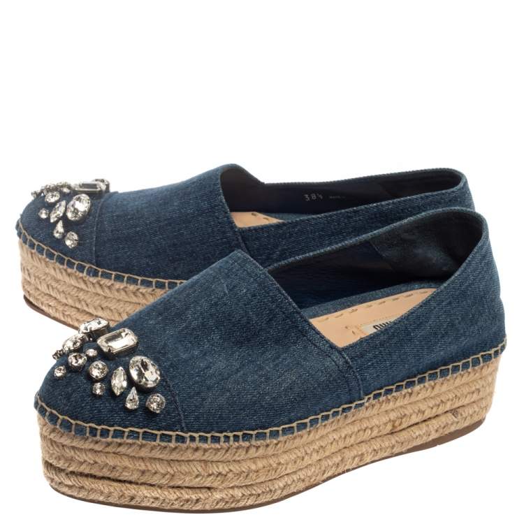 Pre Owned Miu Miu Blue Denim Crystal Embellished Platform Espadrille Size 38.5 