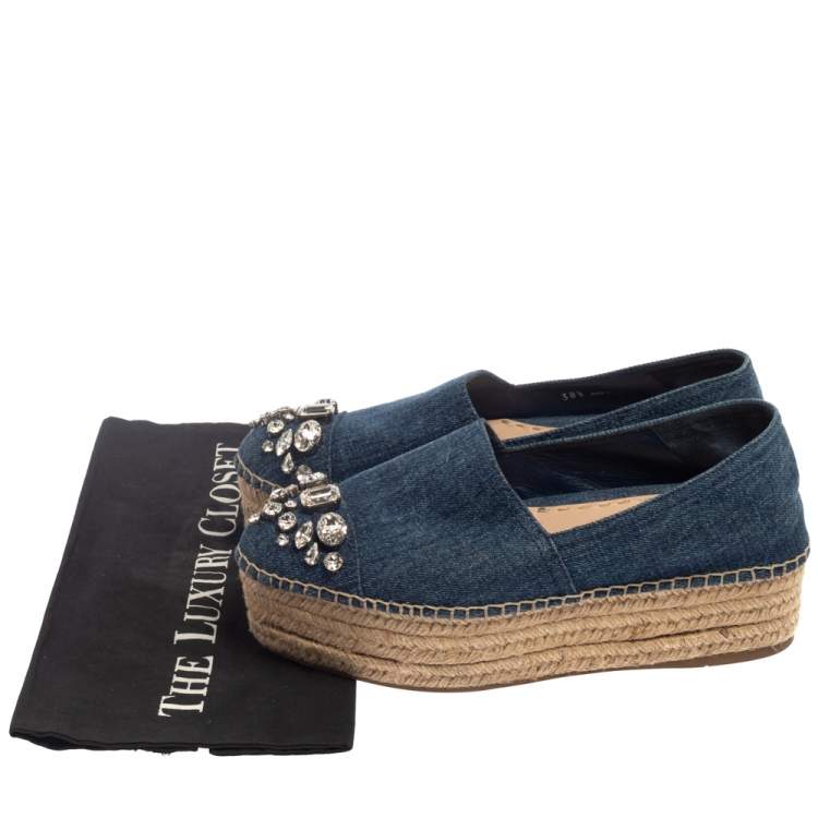 Pre Owned Miu Miu Blue Denim Crystal Embellished Platform Espadrille Size 38.5 