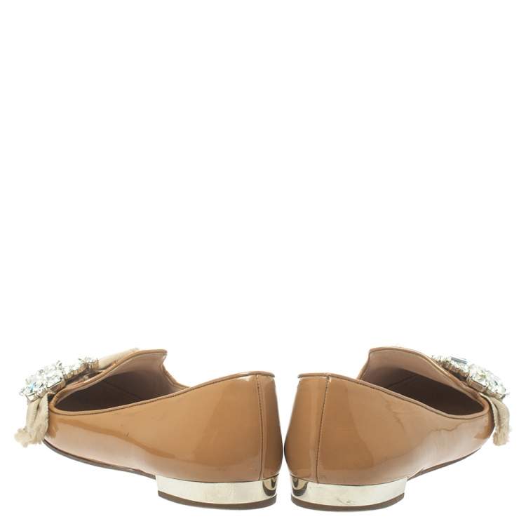 Pre Owned Miu Miu Beige Patent Leather Crystal Embellished Ballet Flats Size 38
