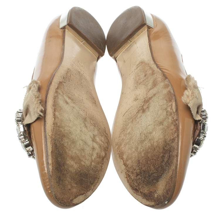 Pre Owned Miu Miu Beige Patent Leather Crystal Embellished Ballet Flats Size 38