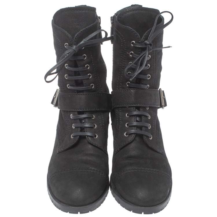 Pre Owned Miu Miu Black Nubuck Lace Up Ankle  Boots Size 40