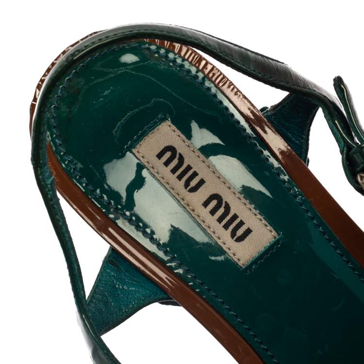 Pre Owned Miu Miu Green Patent Leather Platform Peep Toe Pump Slingback Size 36