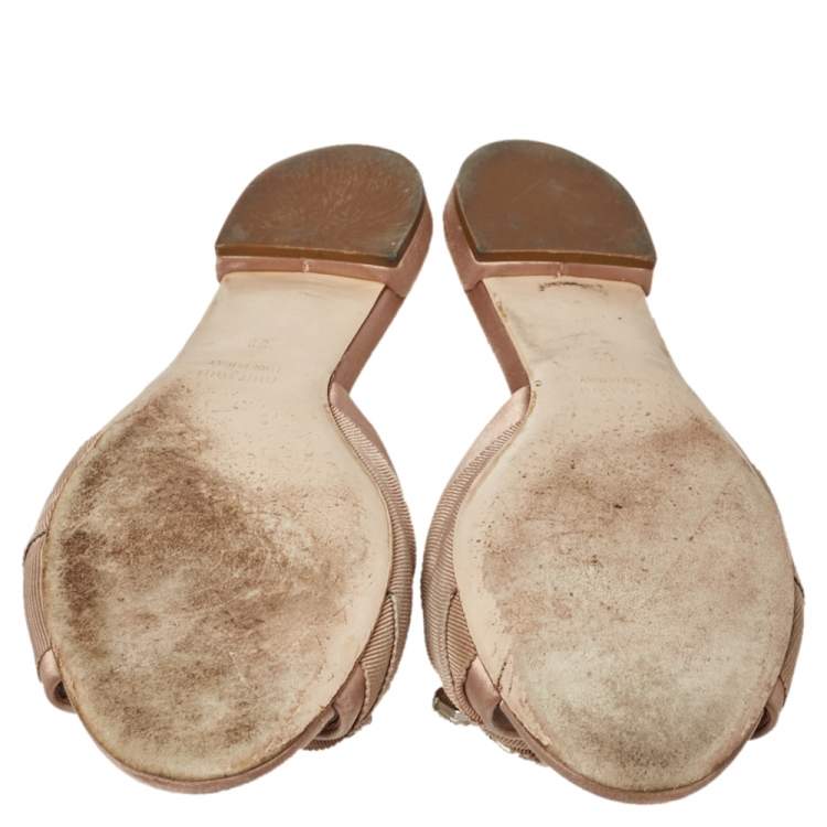 Pre Owned Miu Miu Beige Satin And Fabric Knot Crystal Embellished Open Toe Slide Sandals Size 39