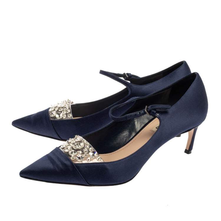 Pre Owned Miu Miu  Blue Satin And PVC Embellished Pumps Size 38