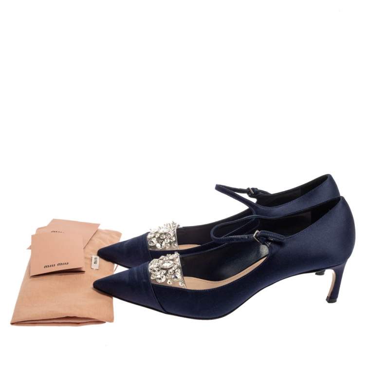Pre Owned Miu Miu  Blue Satin And PVC Embellished Pumps Size 38
