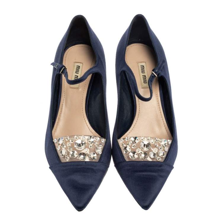 Pre Owned Miu Miu  Blue Satin And PVC Embellished Pumps Size 38