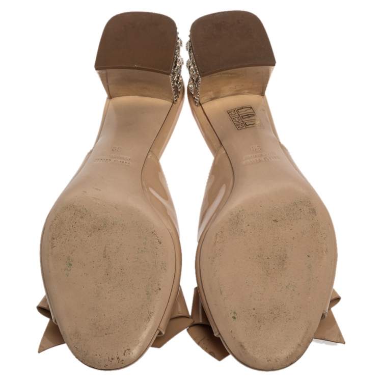 Pre Owned Miu Miu Beige Patent Leather Crystal Embellished Slide Sandals Size 39