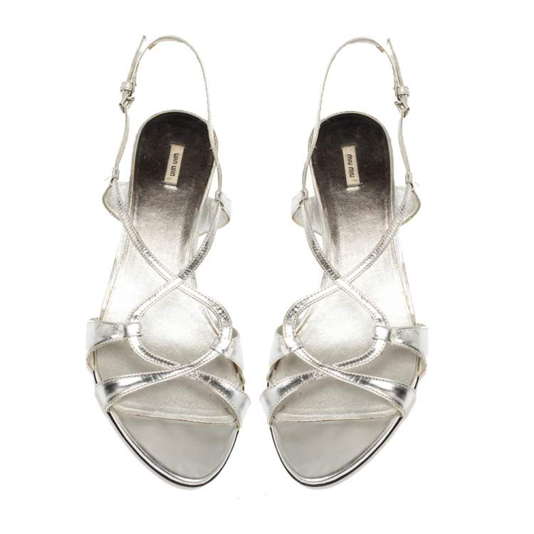 Pre Owned Miu Miu Silver Leather Slingback Strappy Sandals Size 39