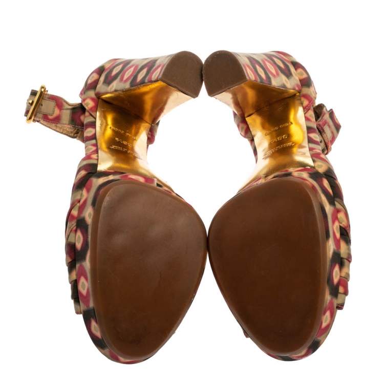 Pre Owned Miu Miu Multicolor Printed Fabric Ankle Strap Sandals Size 38.5