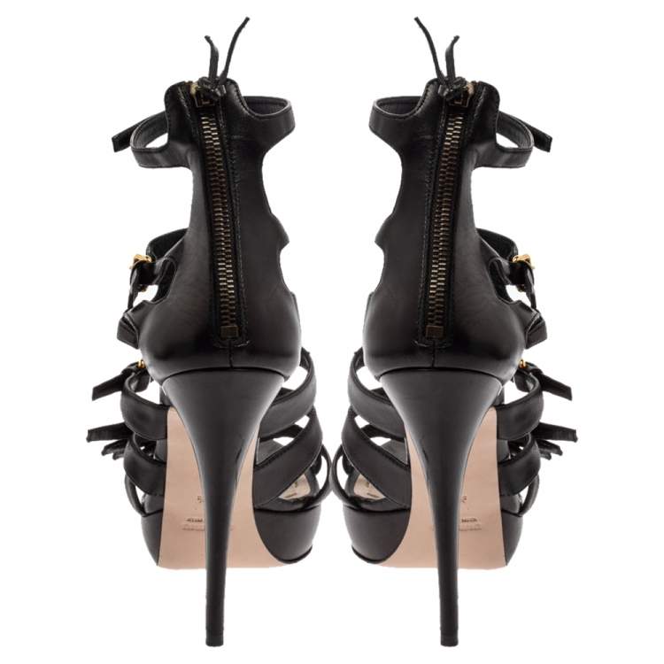Pre Owned Miu Miu Black Leather Multi Strap Platform Sandals Size 40.5