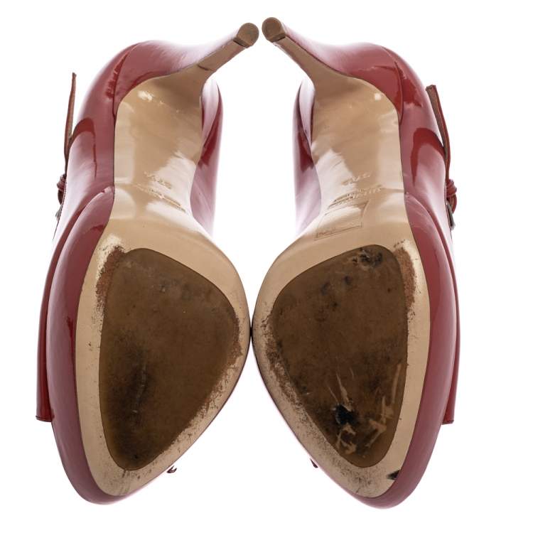 Pre Owned Miu Miu Burgundy Patent Leather Peep Toe Pumps Size 37.5