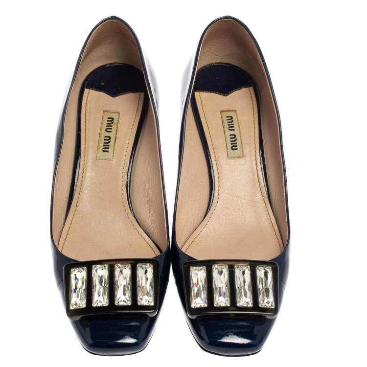 Pre Owned Miu Miu Blue Patent Leather Crystal Embellished Pumps Size 38