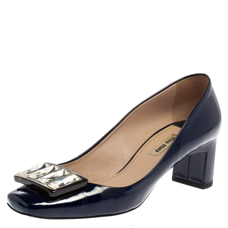 Pre Owned Miu Miu Blue Patent Leather Crystal Embellished Pumps Size 38