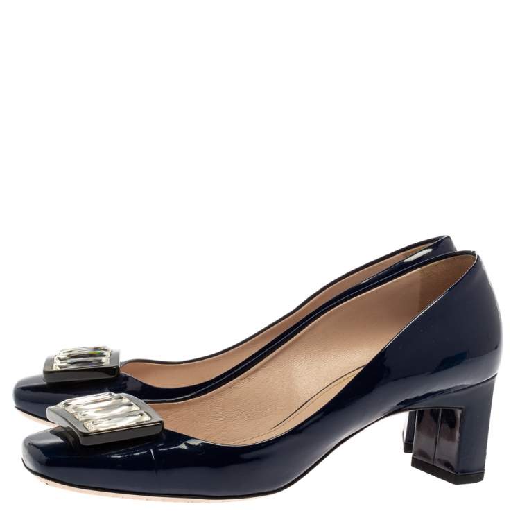 Pre Owned Miu Miu Blue Patent Leather Crystal Embellished Pumps Size 38