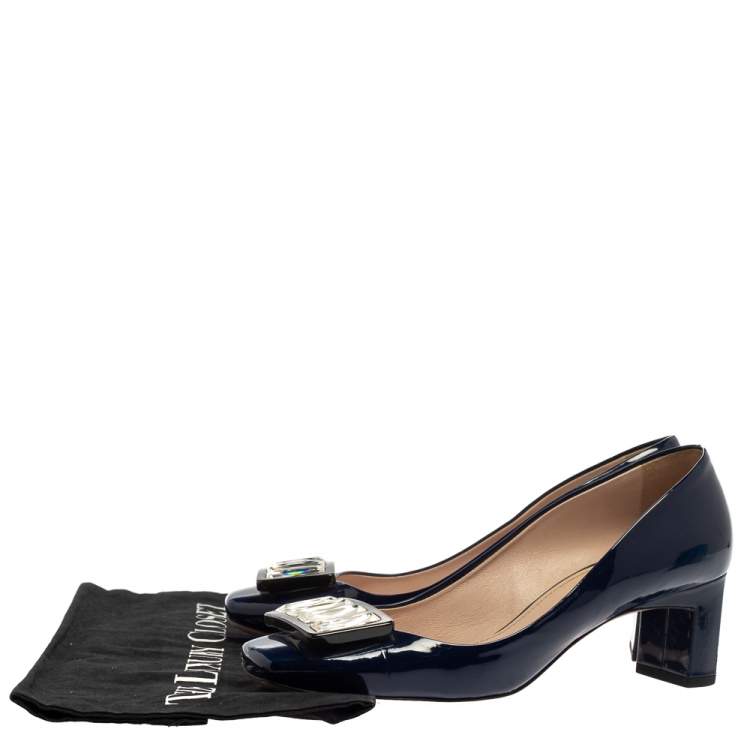 Pre Owned Miu Miu Blue Patent Leather Crystal Embellished Pumps Size 38