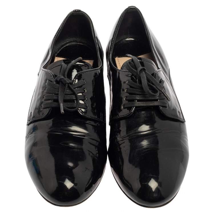 Pre Owned Miu Miu Black Patent Leather Flat Lace Up Derby Size 35.5