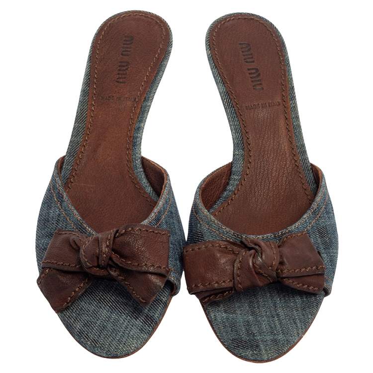 Pre Owned Miu Miu Blue Denim Bow Slide Sandals Size 38